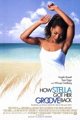 How Stella Got Her Groove Back Movie Poster with image of Black woman dancing on white sand and blue water beach