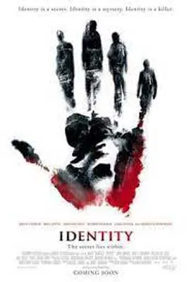 Identity Movie Poster with image of large black and white hand with image of screaming mouth and red tints along bottom toward wrist