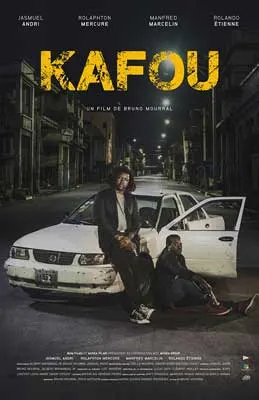 Kafou Movie Poster with white car with open door and person leaning on it