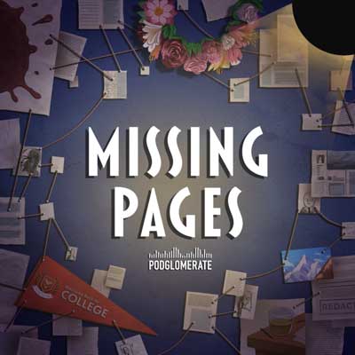 Missing Pages Podcast cover images of torn pages on bluish background with photos and other items