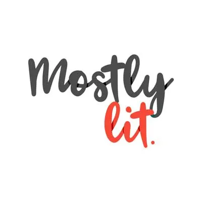 Mostly Lit Podcast with cursive lettering and mostly as gray and lit as red