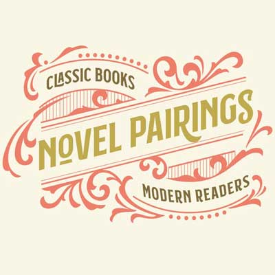 Novel Pairings Podcast with title in gold and classic books and modern readers in brown with pink design