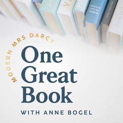 One Great Book Podcast cover with blue, white and green book spines
