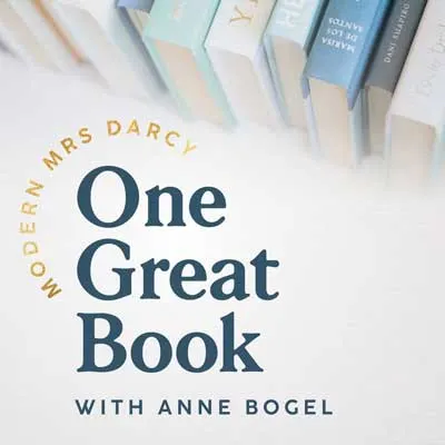One Great Book Podcast cover with blue, white and green book spines