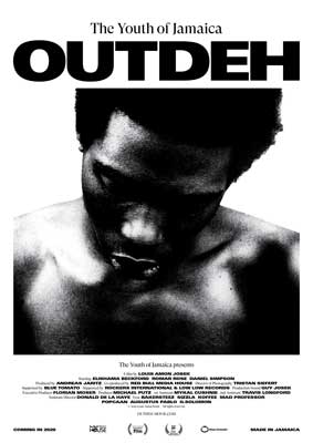 Out Deh - The Youth of Jamaica Movie Poster with black and white image person hanging their head low or looking down