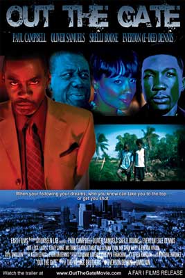 Out the Gate Movie Poster with images of people from movie with blue and red hue along with cityscape below