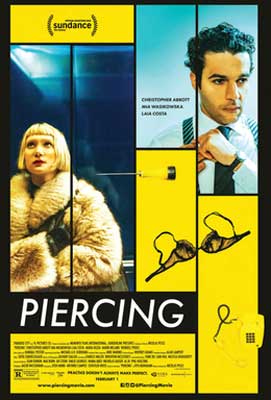 Piercing Movie Poster with image of white woman in fur coat with blonde hair and man in tie with bra between them