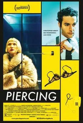 Piercing Movie Poster with image of white woman in fur coat with blonde hair and man in tie with bra between them