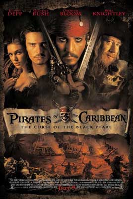Pirates of the Caribbean: The Curse of the Black Pearl Movie Poster with image of 5 people, including a pirate in front with swords