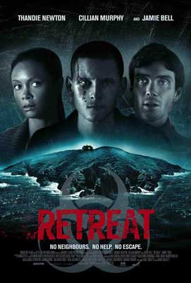 Retreat Movie Poster with image of three people in V like formation with dark house on dark hill cliff with water below