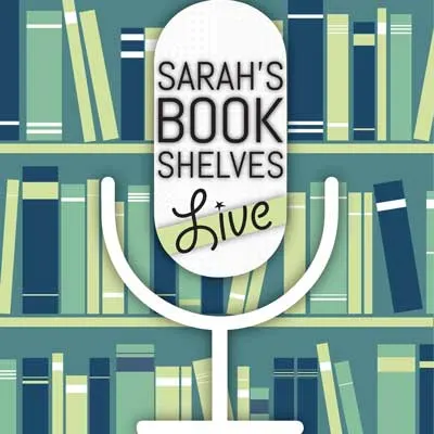 Sarah's Bookshelves Podcast cover with microphone in front of ombre green hued books on bookshelf