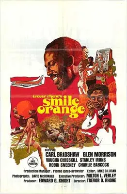 Smile Orange Movie Poster with illustrated images of Black faces and men and women with green and red landscape