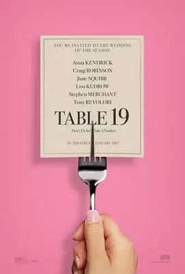 Table 19 Movie Poster with pink background and silver fork with paper saying Table 19 between it