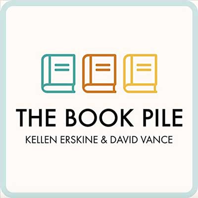 The Book Pile podcast with image of three book icons, one green, orange, and yellow