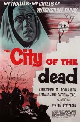 The City of the Dead Movie Poster with image of hooded figure in corner over bare tree landscape with moon in reddish, black, and white coloring