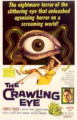 The Crawling Eye Movie Poster with image of large eye and person in yellow dress below it