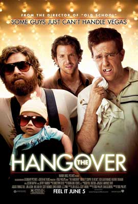 The Hangover Movie Poster with curly haired beard man with sunglasses with a baby and two more White men with clothes disheveled and one is missing a tooth
