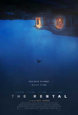 The Rental Movie Poster with image of upside down house with light on and person falling out into blue sky that resembles an ocean of water