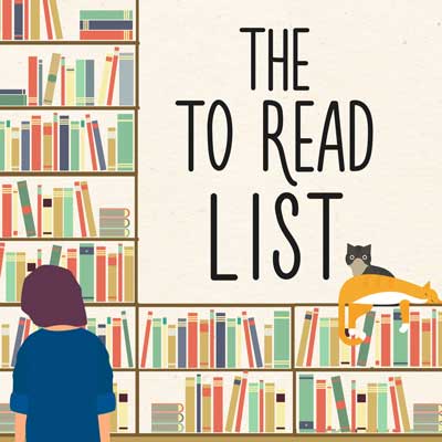 The To Read List Podcast cover with illustrated person in blue shirt standing in front of shelves of red, blue, green yellow, and orange books