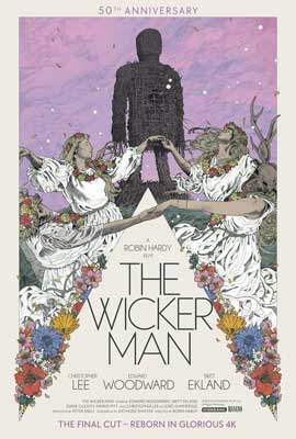 The Wicker Man Movie Poster with illustrated people in white robes around a table with wicker man in front