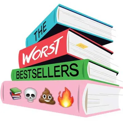The Worst Bestsellers Podcast cover with a blue, red, green, and pink spined book with podcast title and emojis of books, skull, poop, and fire