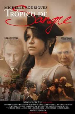 Tropico de Sangre Movie Poster with image og person with bangs and long hair wearing black hat and two men blurred in the background