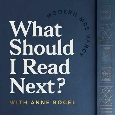 What Should I Read Next Podcast cover with blue and gold coloring with title on book cover with spine showing