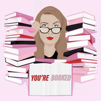 You're Booked Podcast with illustrated image of person with glasses, brownish hair, red lips, and two stacks of pink and black books on either side