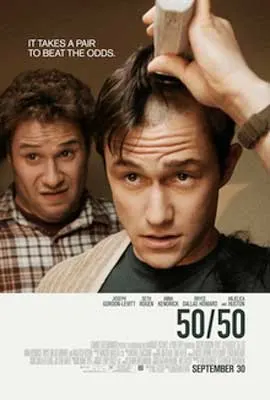 50/50 Movie Poster with white man holding back brown hair about to shave it another white man watching behind him
