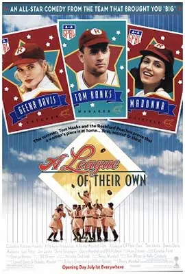 A League Of Their Own Movie Poster with three baseball cards with young people on them on top and image of cheering baseball team in group below