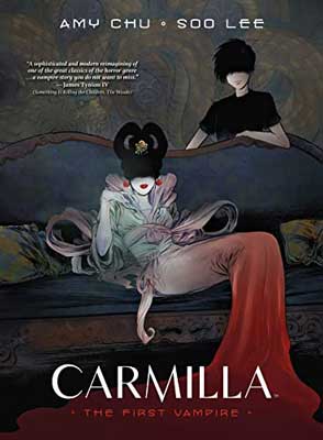 Carmilla by Amy Chu book cover with illustrated person on couch wearing a dress and person leaning on couch behind them