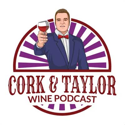 Cork and Taylor Wine Podcast cover with graphic of person in blue jacket with red bowtie holding up glass of red wine inside purple spoke circle icon