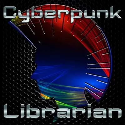 Cyberpunk Librarian podcast cover with hole in wall looking out to red, blue, and green lighting