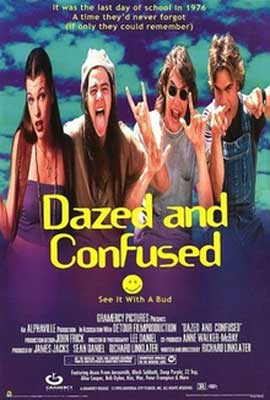 Dazed And Confused Movie Poster with image of five people standing next to each other posing