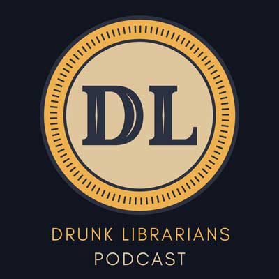 Drunk Librarians Podcast cover with the letter DL in tan circle with yellow border