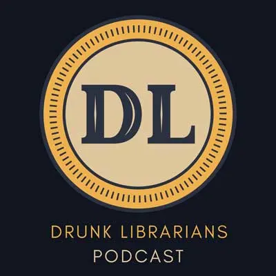 Drunk Librarians Podcast cover with the letter DL in tan circle with yellow border