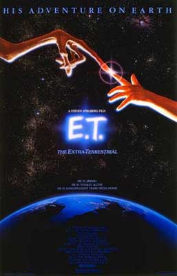 ET The Extra Terrestrial Movie Poster with white hand and finger reaching out to touch alien finger over planet earth with space in the background