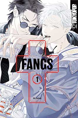 FANGS by Billy Balibally book cover with illustrated two people, one with white hair and the other dark hair, and white haired person has fangs