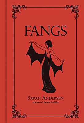 Fangs by Sarah Andersen book cover with illustrated person in black dress with bat-like sleeves on red background