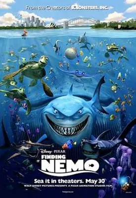 Finding Nemo Movie Poster with animated under the sea creatures like fish, a turtle, and a shark