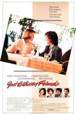 Just Between Friends Movie Poster with photo of two people sitting at a fancy set table talking