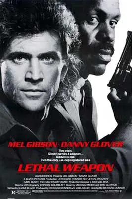 Lethal Weapon Movie Poster with black and white image of two men one in tie and one in button-up shirt