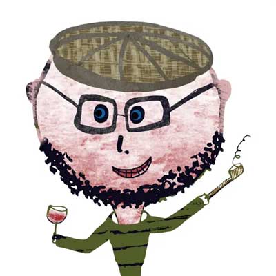Matthew’s World of Wine and Drink Podcast cover with illustrated person with green hat and shirt with beard and glasses holding a glass of wine