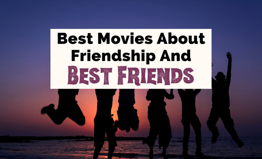Movies About Friendship and Best Friends featured article photo with purple, pink, and orange sunset and six-shadowed people jumping and posing in front of it