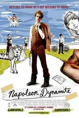 Napoleon Dynamite Movie Poster with image of nerdy white man with glasses and red hair with illustrated street and grass landscape