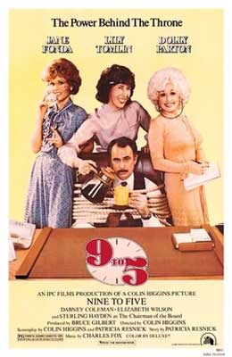 Nine To Five Movie Poster with white man sitting at work desk with clock/title of movie and three people in dresses standing behind him