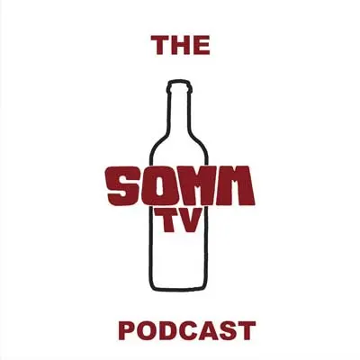 SOMM TV Podcast cover with icon of wine bottle and title of podcast in red coloring