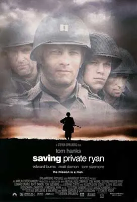 Saving Private Ryan Movie Poster with image of shadowed soldier in field and above them people in military gear