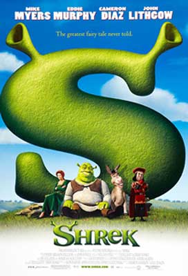 Shrek Movie Poster with giant green S and animated ogre, princess, and donkey standing by it