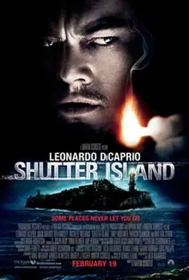 Shutter Island Movie Poster with image of white man's face in shadows and glowing black island with blue light underneath him
